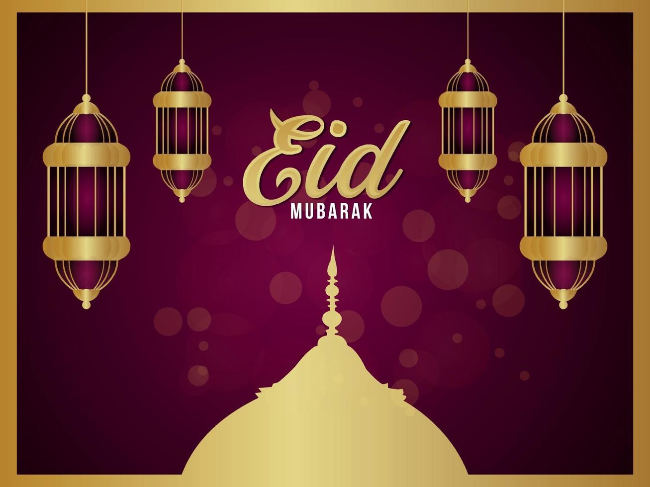 Islamic festival of eid mubarak celebration greeting card with golden lantern vector