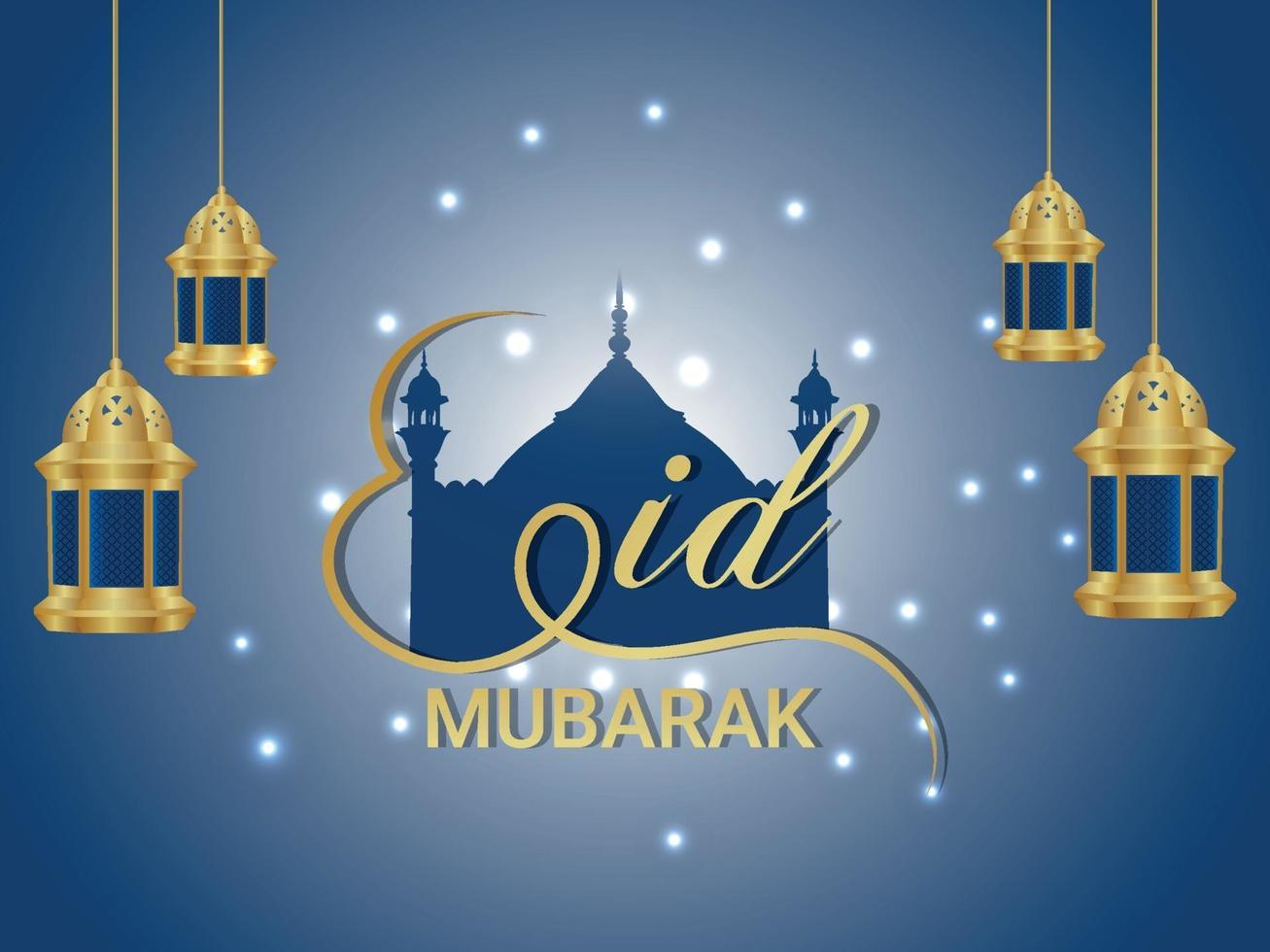 Tarjeta de felicitación de celebración de eid mubarak con ilustración vectorial de linterna árabe vector