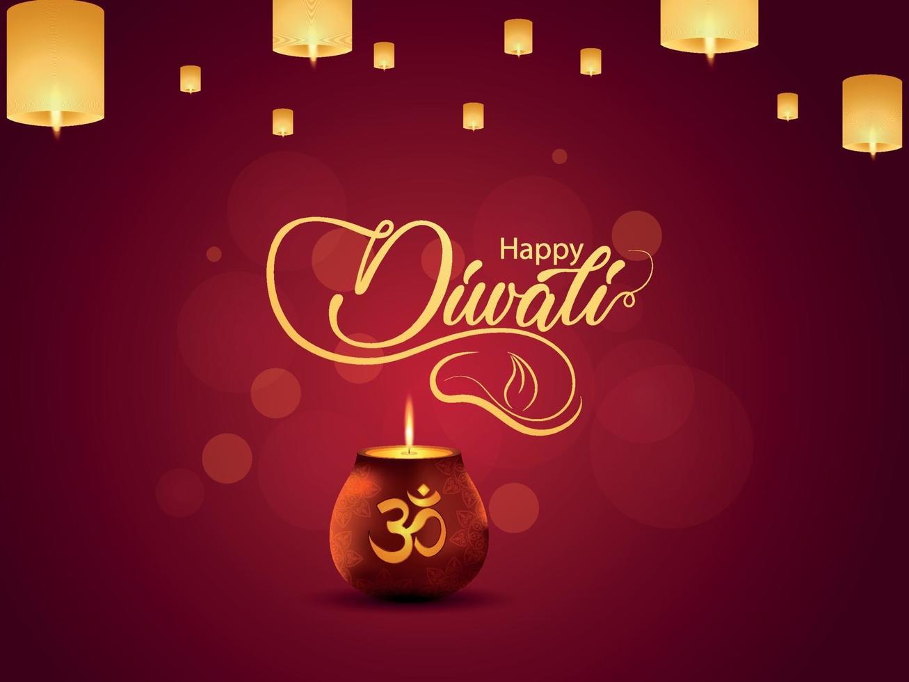 Happy diwali celebration greeting card with creative glowing pot and diwali lamp vector