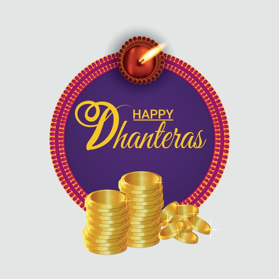 Happy dhanteras celebration greeting card with creative vector gold coin and garland flower
