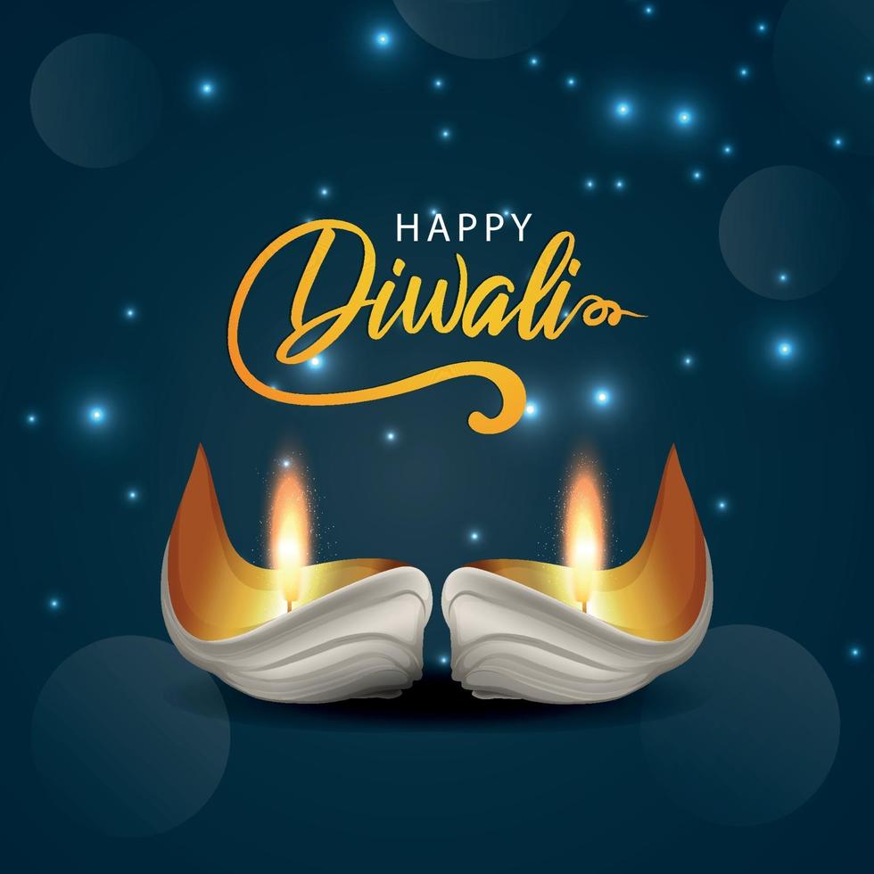 Realistic happy diwali celebration greeting card with creative diwali diya vector