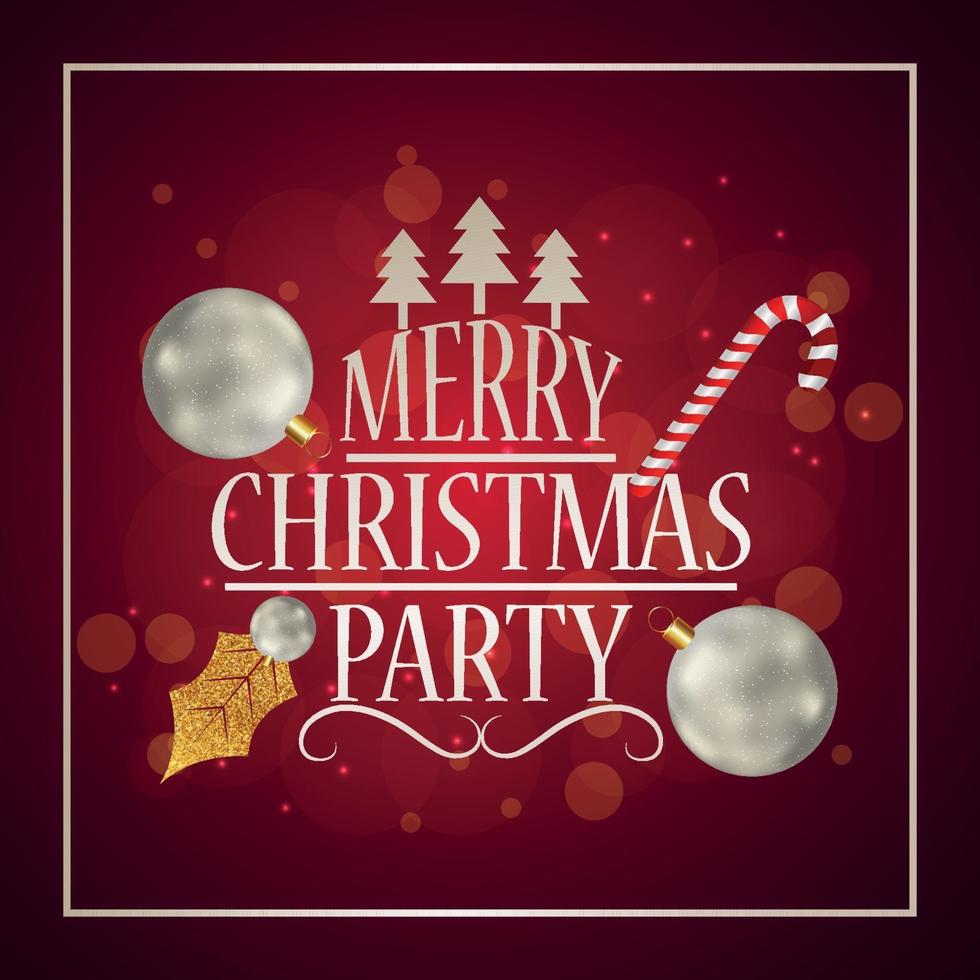 Tarjeta de felicitación de invitación de fiesta de Navidad feliz con bolas de fiesta creativas sobre fondo rojo vector