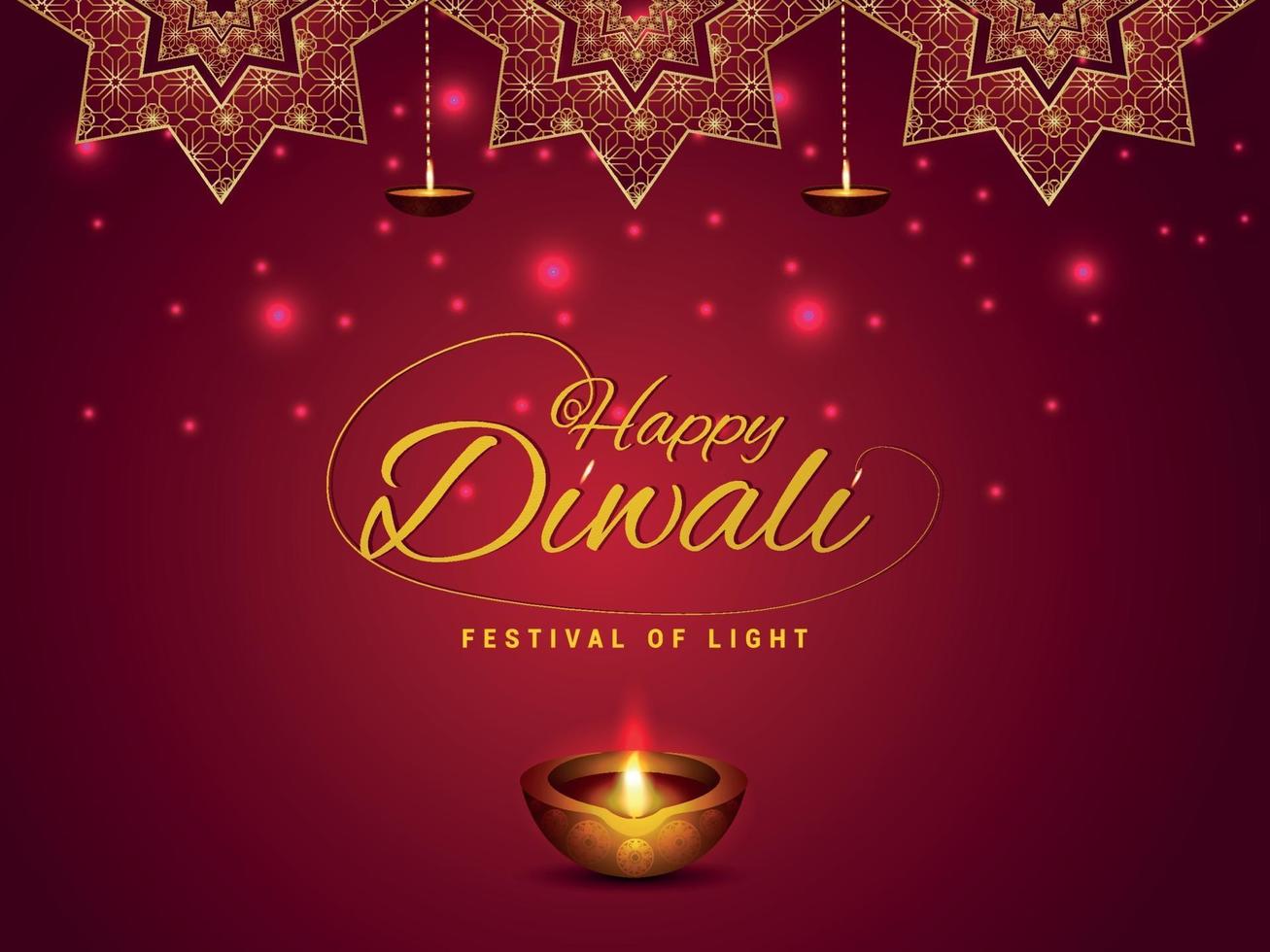 Happy diwali invitation greeting card with oil lamp and diya vector