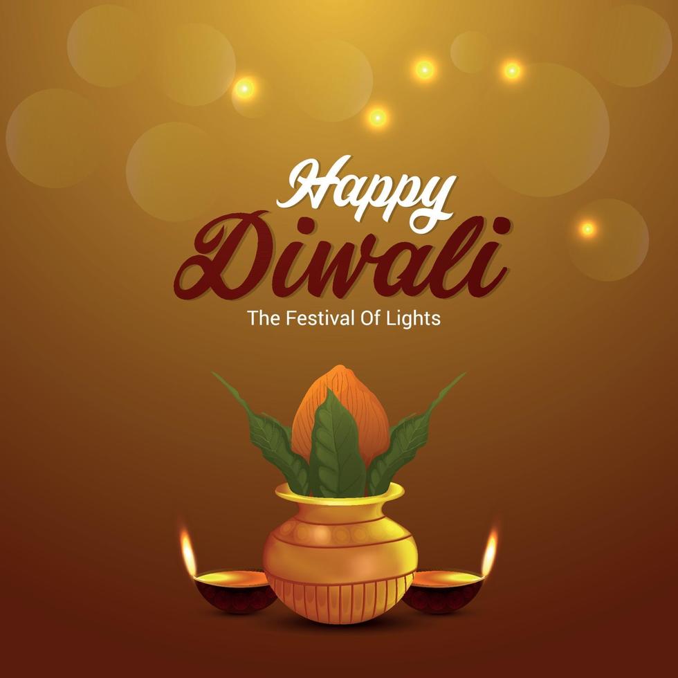 feliz festival de diwali de la luz con diwali diya sobre fondo amarillo vector