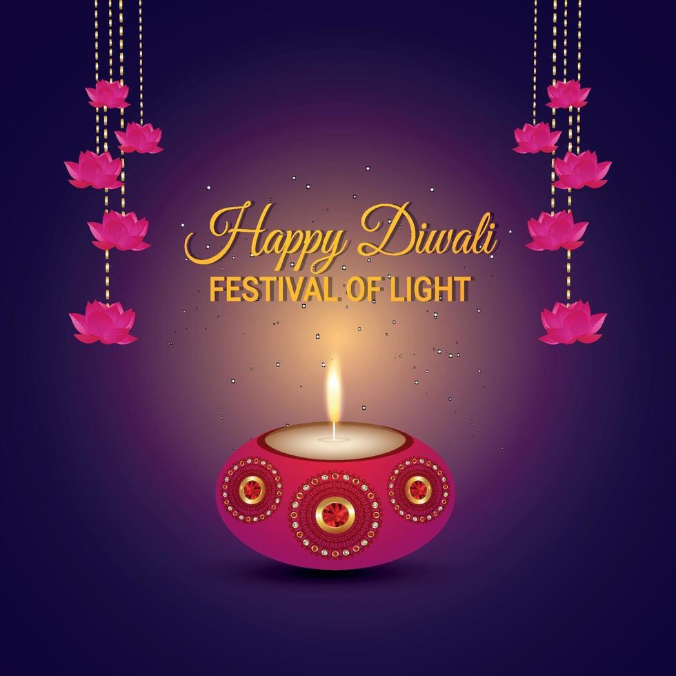 Happy diwali invitation greeting card with oil lamp and diya vector