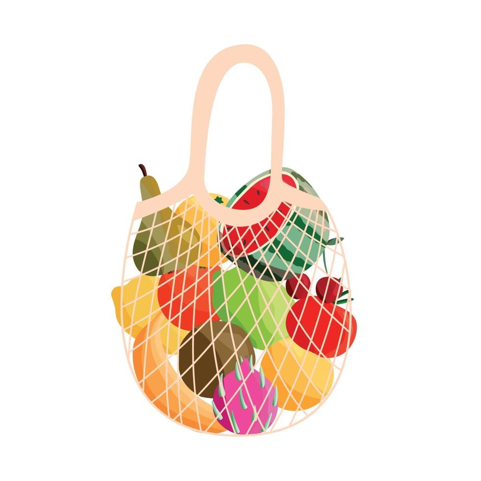 bolsa de compras reutilizable llena de fruta fresca. mercado de abarrotes y agricultores compra con alimentos orgánicos naturales. ilustración vectorial. vector