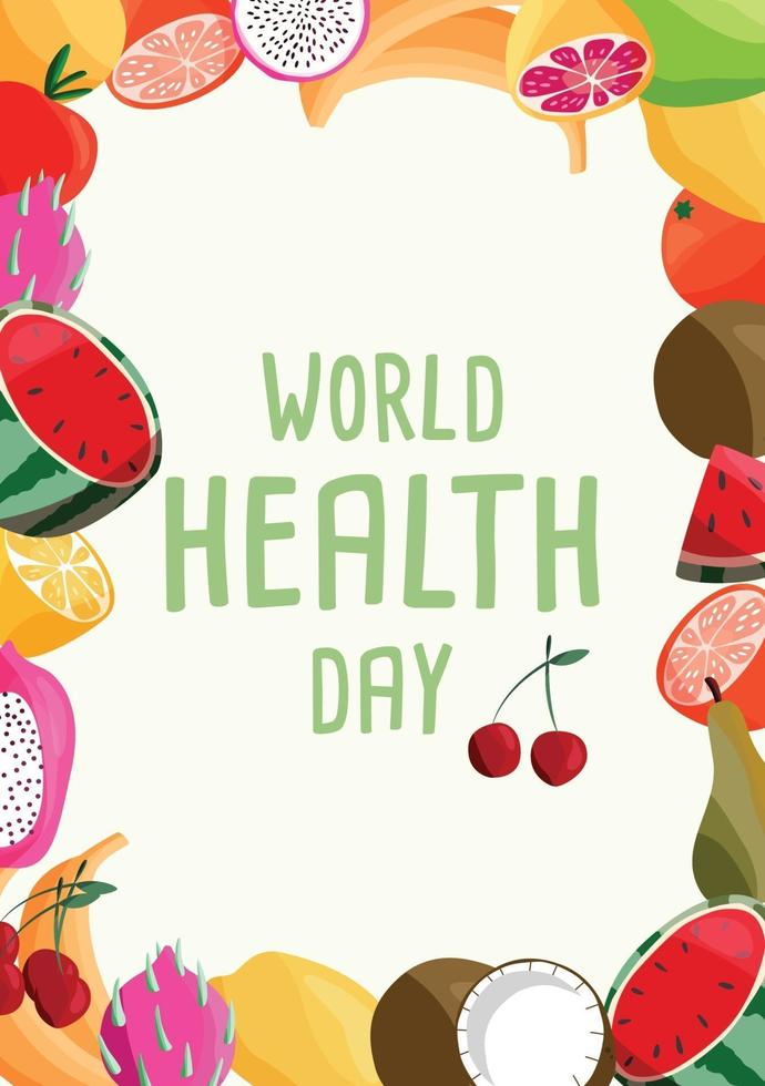 World health day vertical poster template with collection of fresh organic fruit. Colorful hand drawn illustration on light green background. Vegetarian and vegan food. vector
