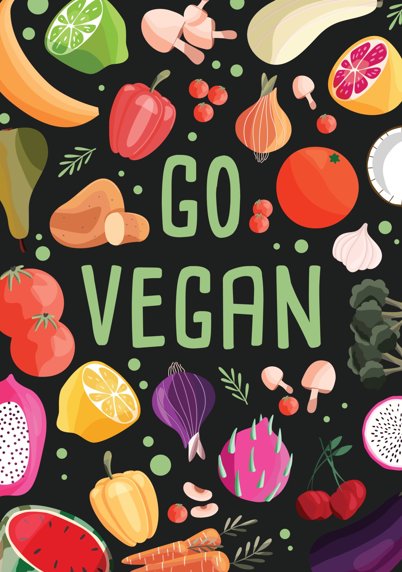 Go vegan vertical poster template with collection of fresh organic fruit and vegetable. Colorful