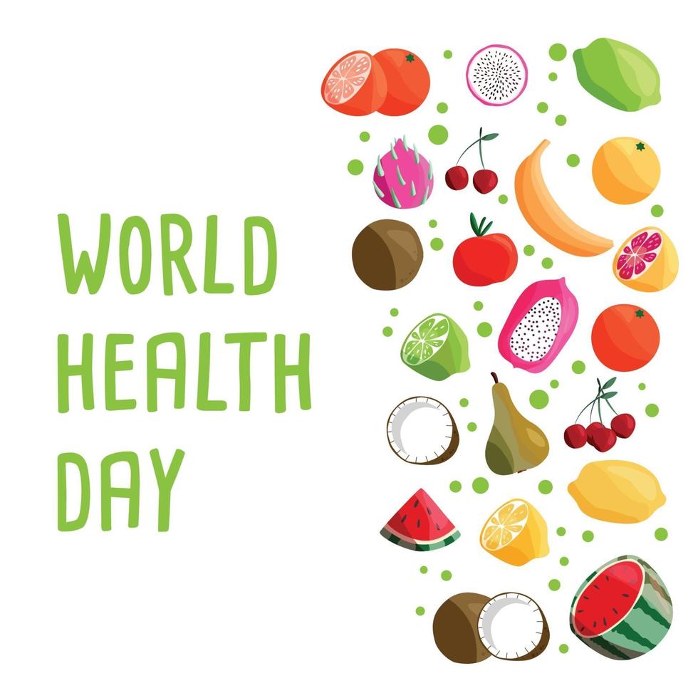 Plantilla de póster cuadrado del día mundial de la salud con colección de frutas orgánicas frescas. colorida ilustración dibujada a mano sobre fondo blanco. comida vegetariana y vegana. vector
