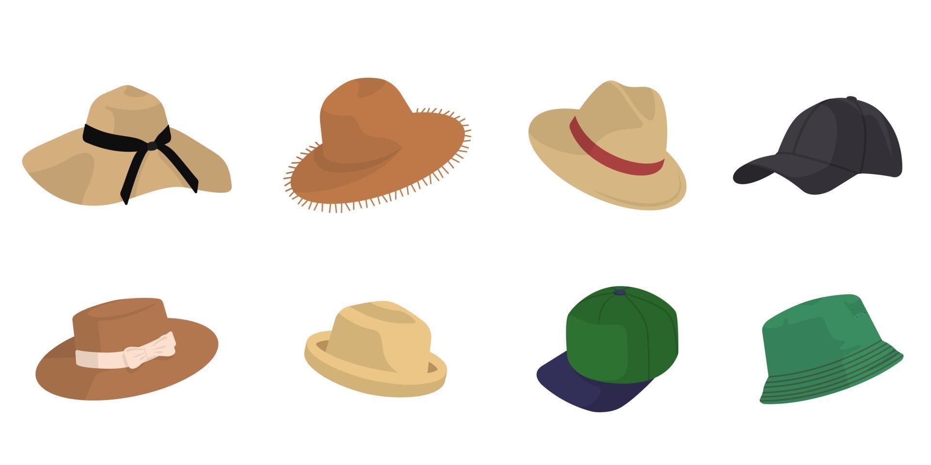 Set of different hats. Male and female accessories in cartoon style. vector