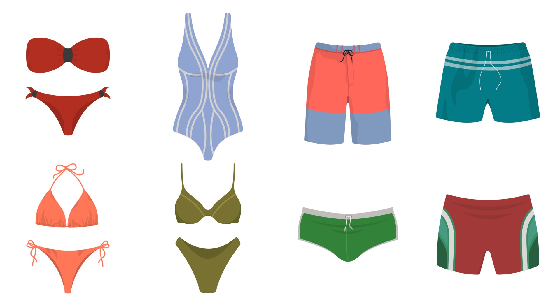 Set of swimwear and swimming trunks. Male and female summer clothes in