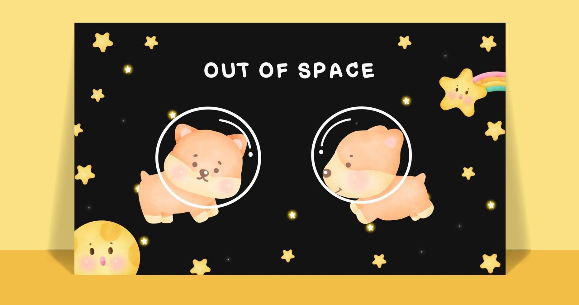 Watercolor cute corgi dog in the galaxy post card . vector