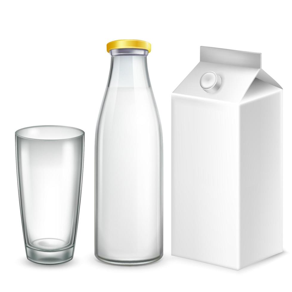 Conjunto de vector realista 3d de leche. tetra pak, botella y vaso de leche