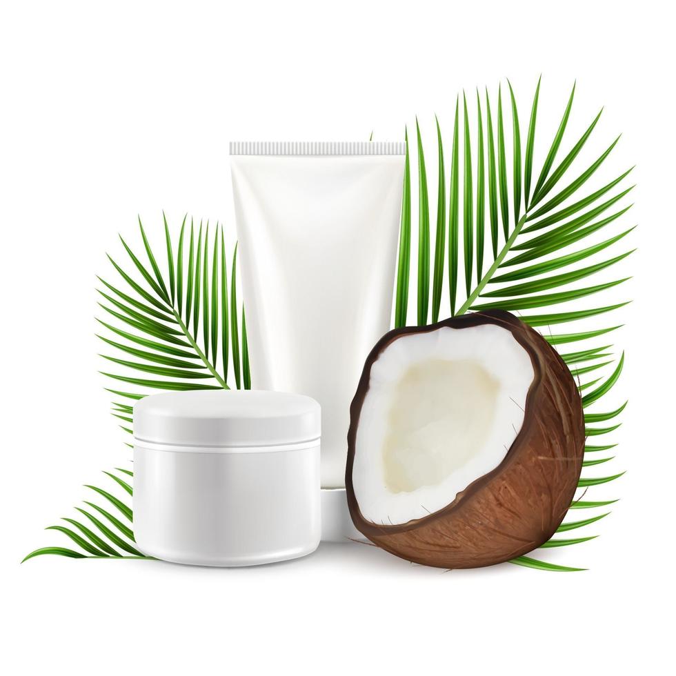 coconut cosmetics, vector illustration. Realistic coco with mockup cream tube, palm tree leaves.