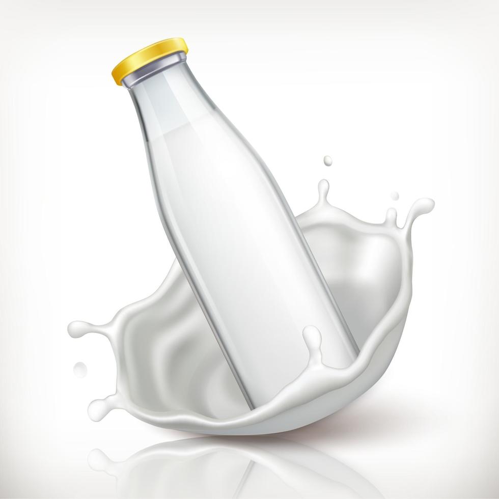 botella de vidrio 3d realista y salpicaduras de leche. ilustración vectorial vector