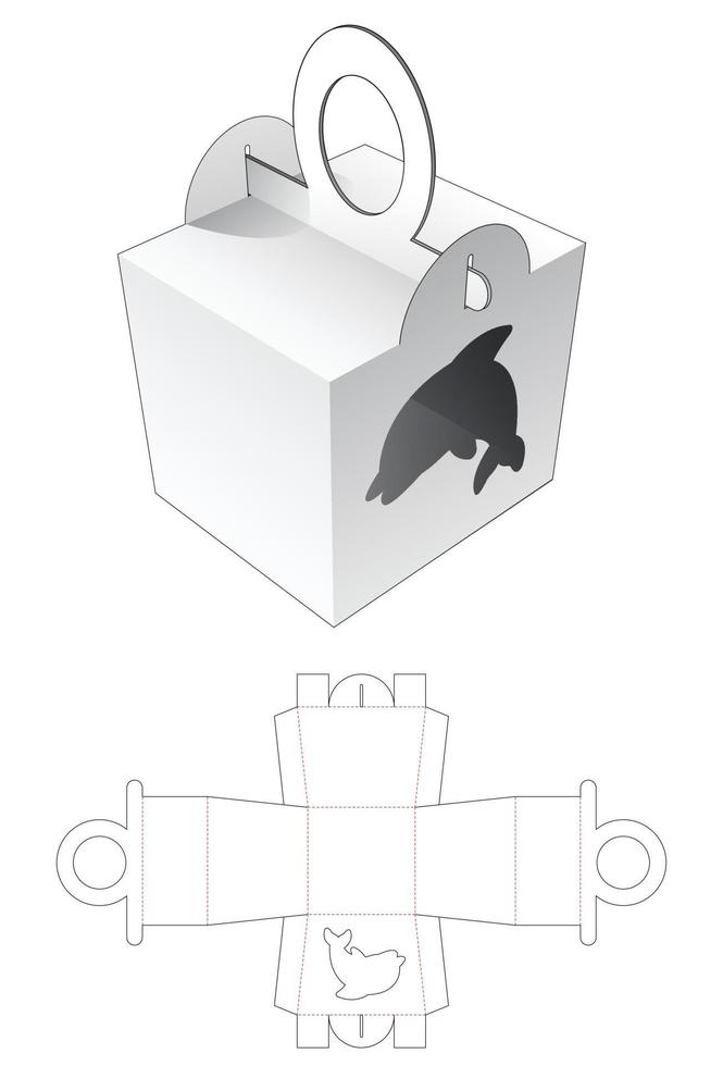 Manejar el embalaje con plantilla troquelada de ventana en forma de dibujos animados de delfines vector