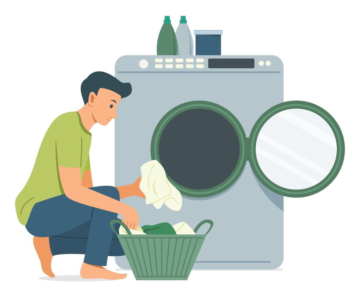 Man Washes the Clothes with Washing Machine. vector