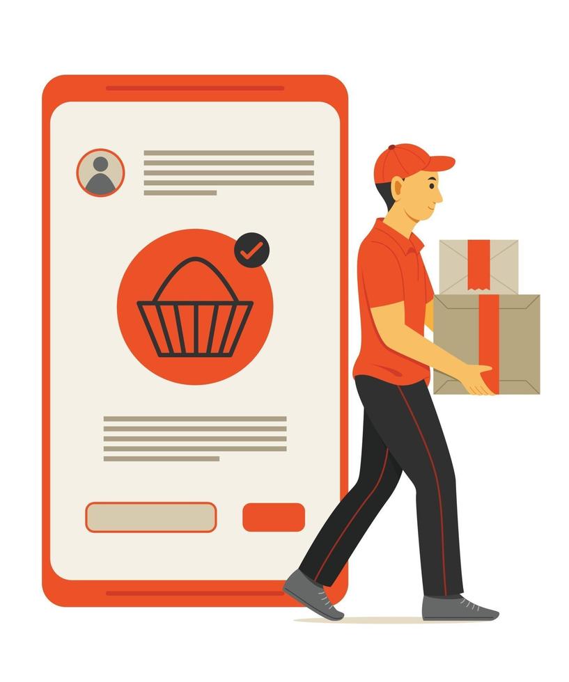 Staff Man Delivers the Box of Parcel from Online Shopping on Mobile Phone. vector