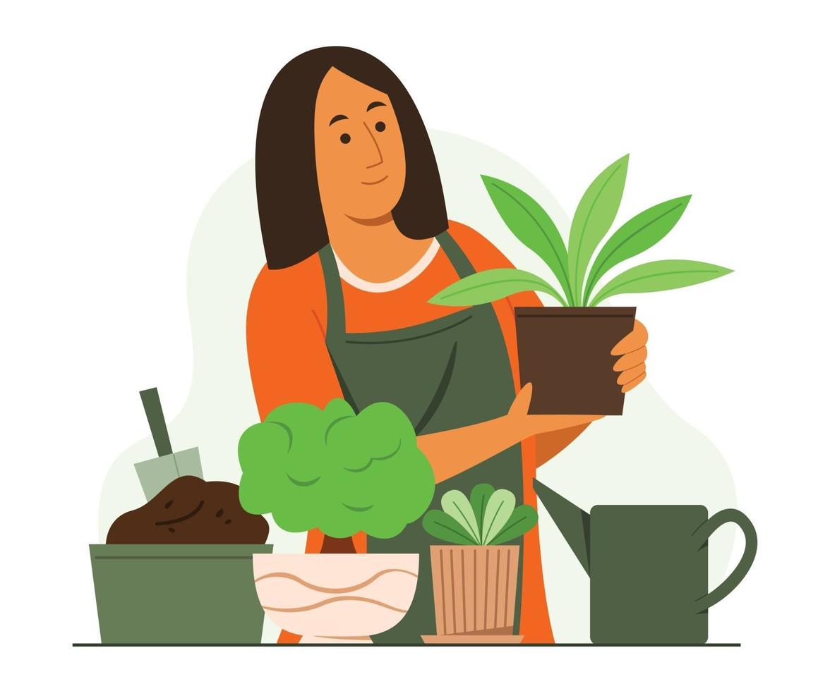 mujer disfruta de la actividad de jardinería con las plantas en el jardín. vector