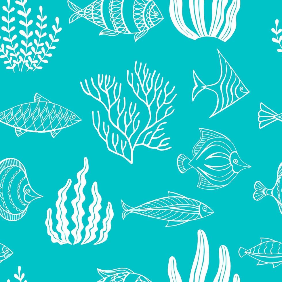 Seamless pattern of ornamental fish and seaweed. Vector illustration.  Perfect for greetings, invitations, manufacture wrapping paper, textile, web design.