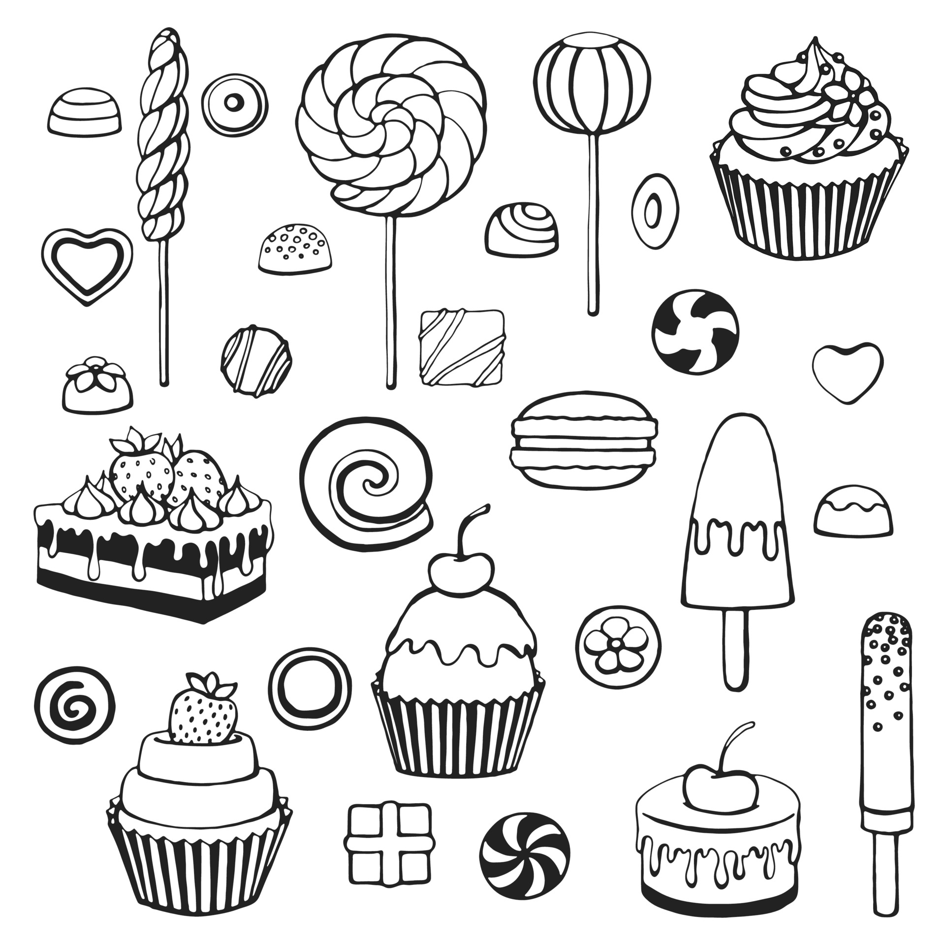 Hand drawn sweets doodle elements set. Vector illustration on a white background. 2290838 Vector