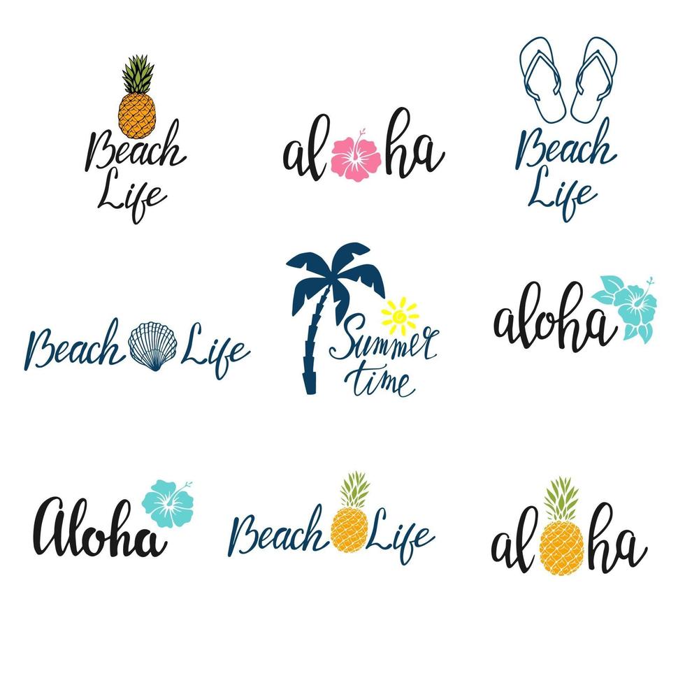 Set lettering summer phrases with design elements isolated on white background. Summer typography for photo overlays, t-shirt print, flyer, poster design. Beach life message, vector illustration