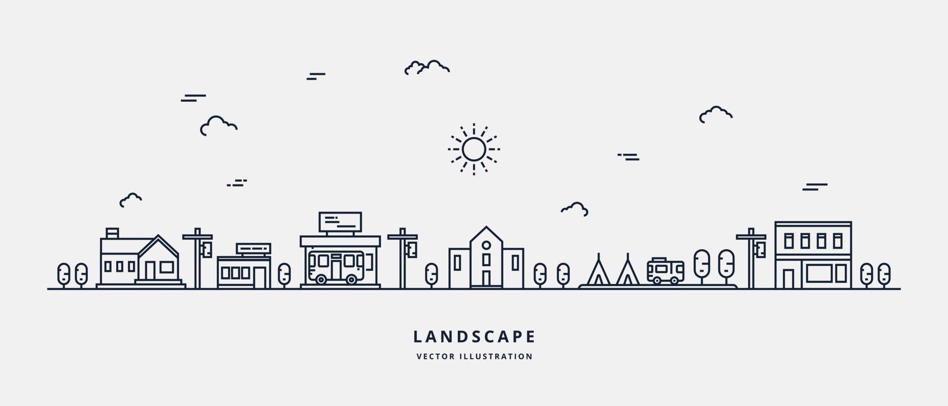 Vector landscape with houses, building, tree, sky. Suburban landscape. Flat line art design vector.