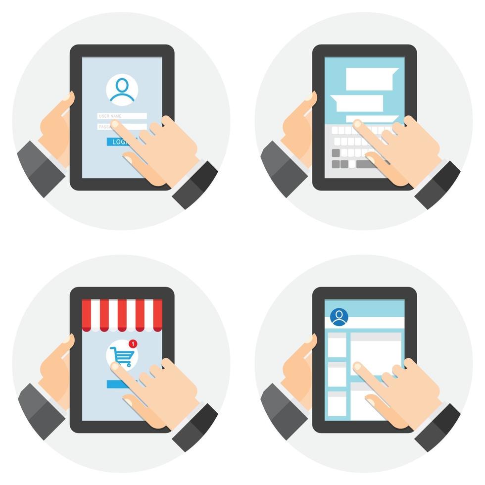 People using tablet computer for different purposes. Flat style. Vector illustrations.