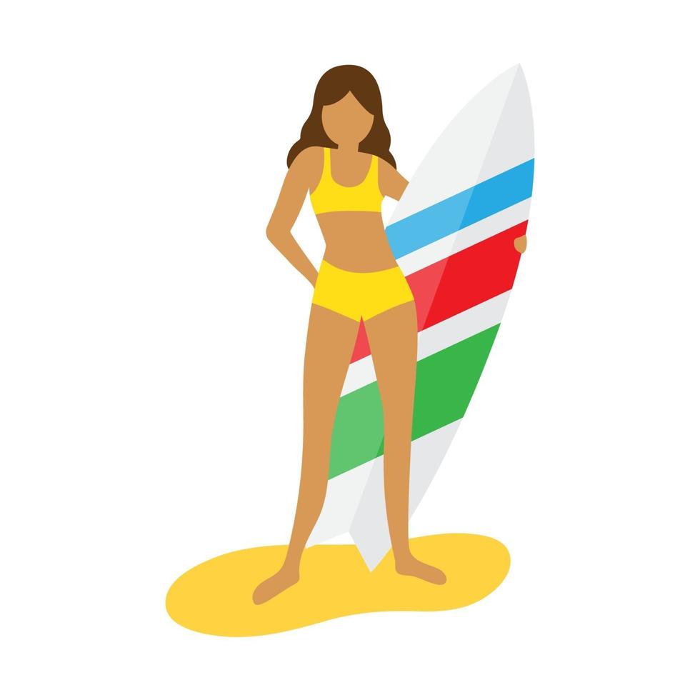 Surfer girl character in a yellow swimsuit standing on a beach with a surfboard. Vector illustration