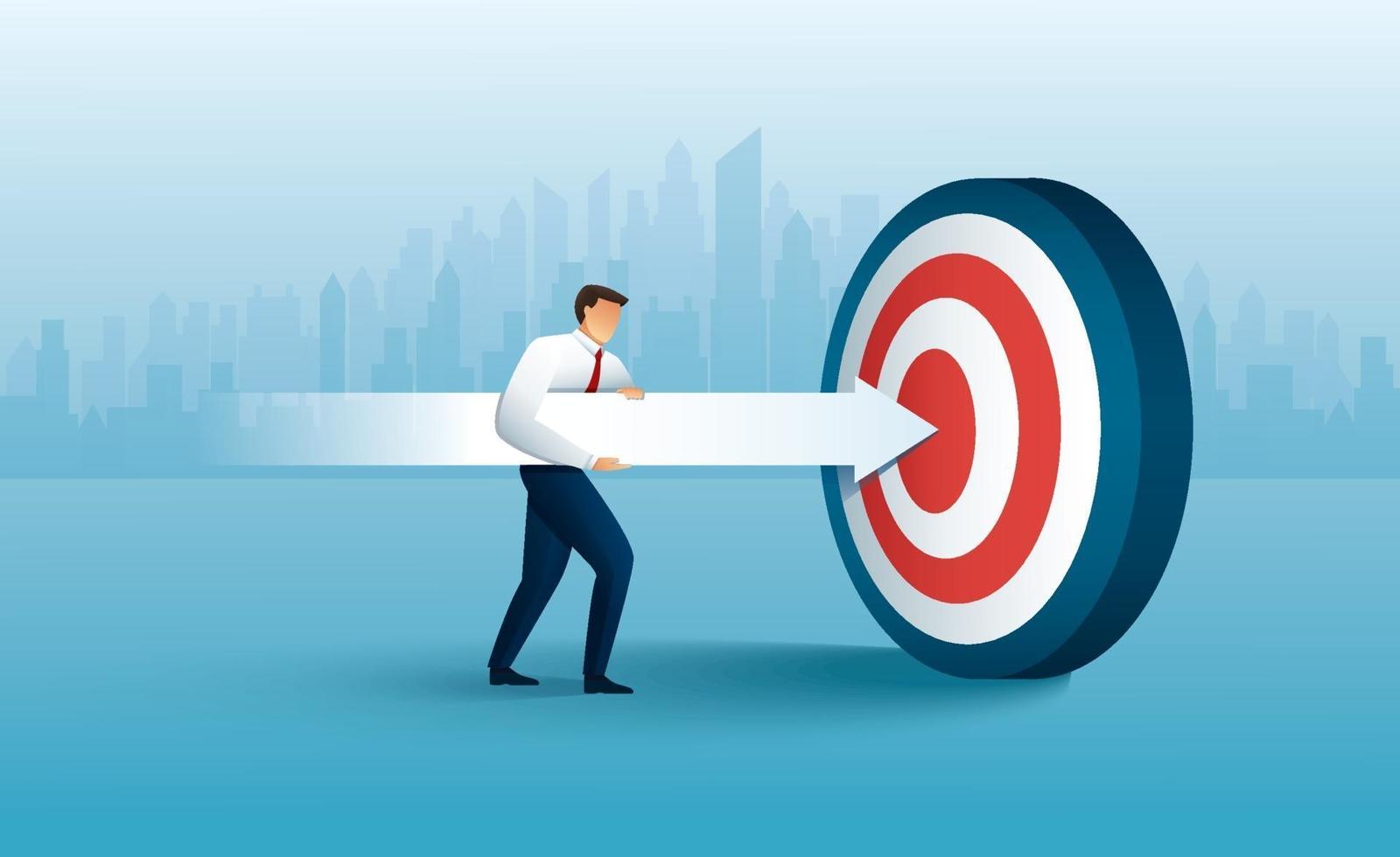 Businessman aims with huge arrow. achievement goal. Aim in business