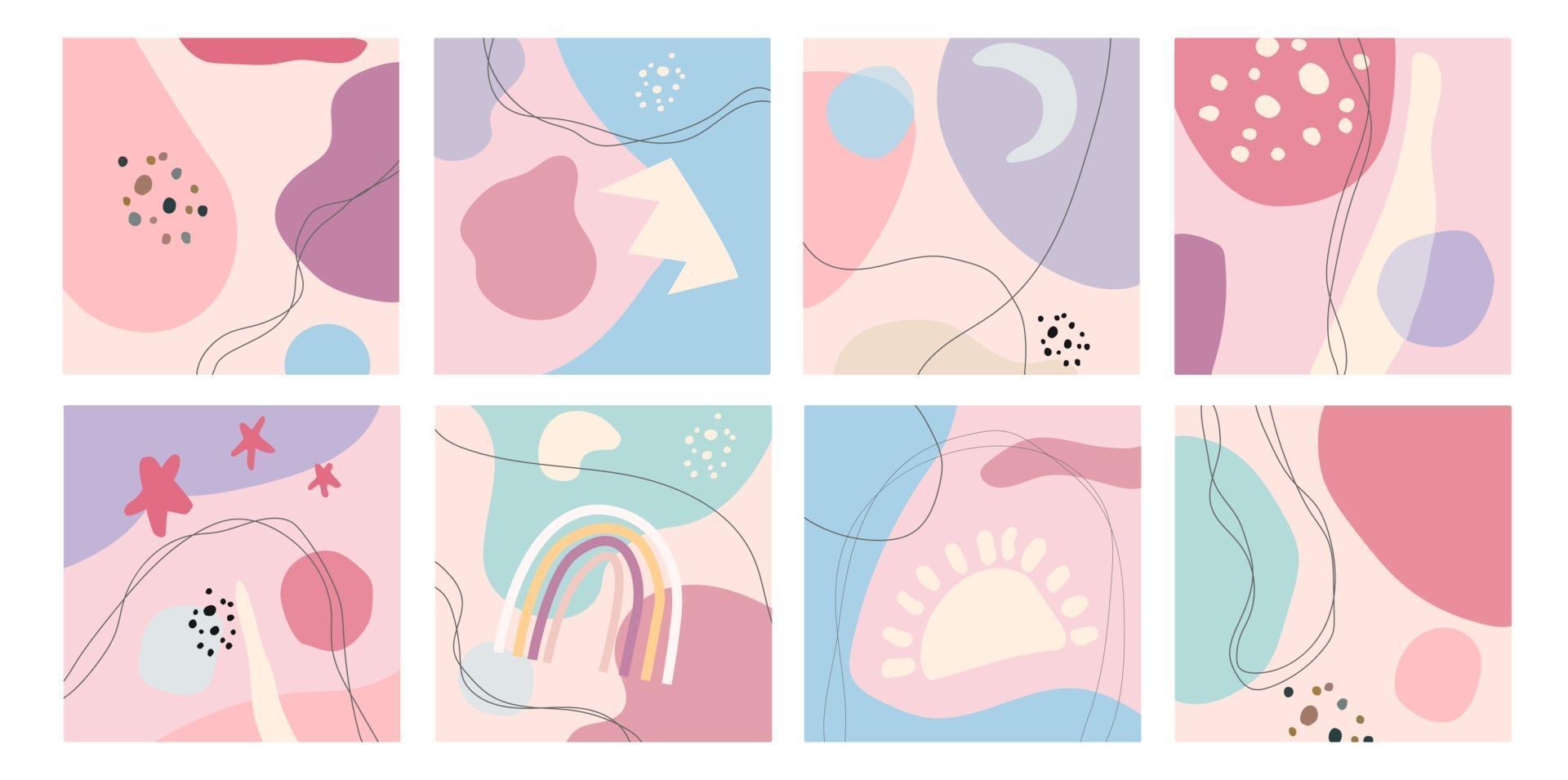 Big Set of eight abstract backgrounds and Pastel colors. Hand drawn various shapes and doodle objects. Vector illustrations.