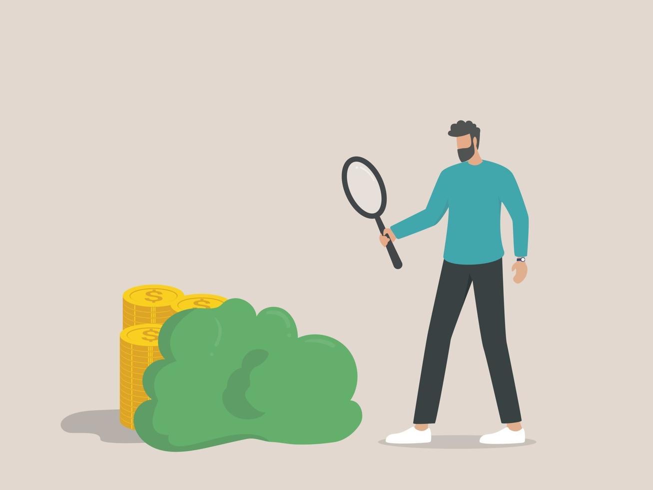 hidden cost concept, businessman looking for coins hidden using a magnifier vector