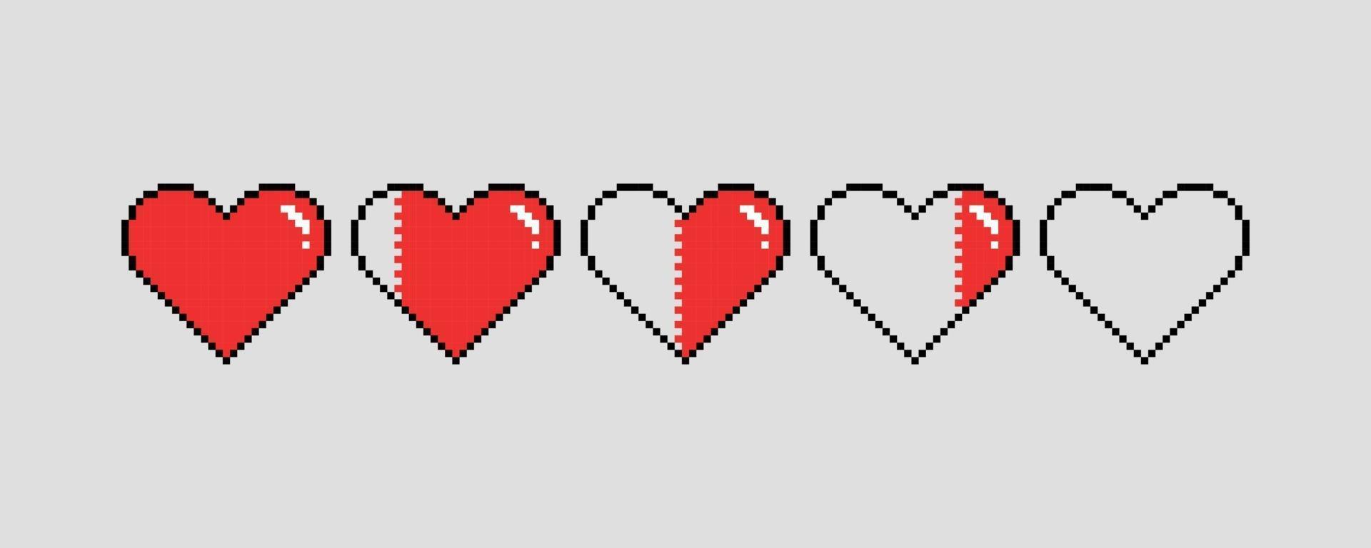 corazones de pixel art para el juego. diferentes indicadores de salud del juego vector