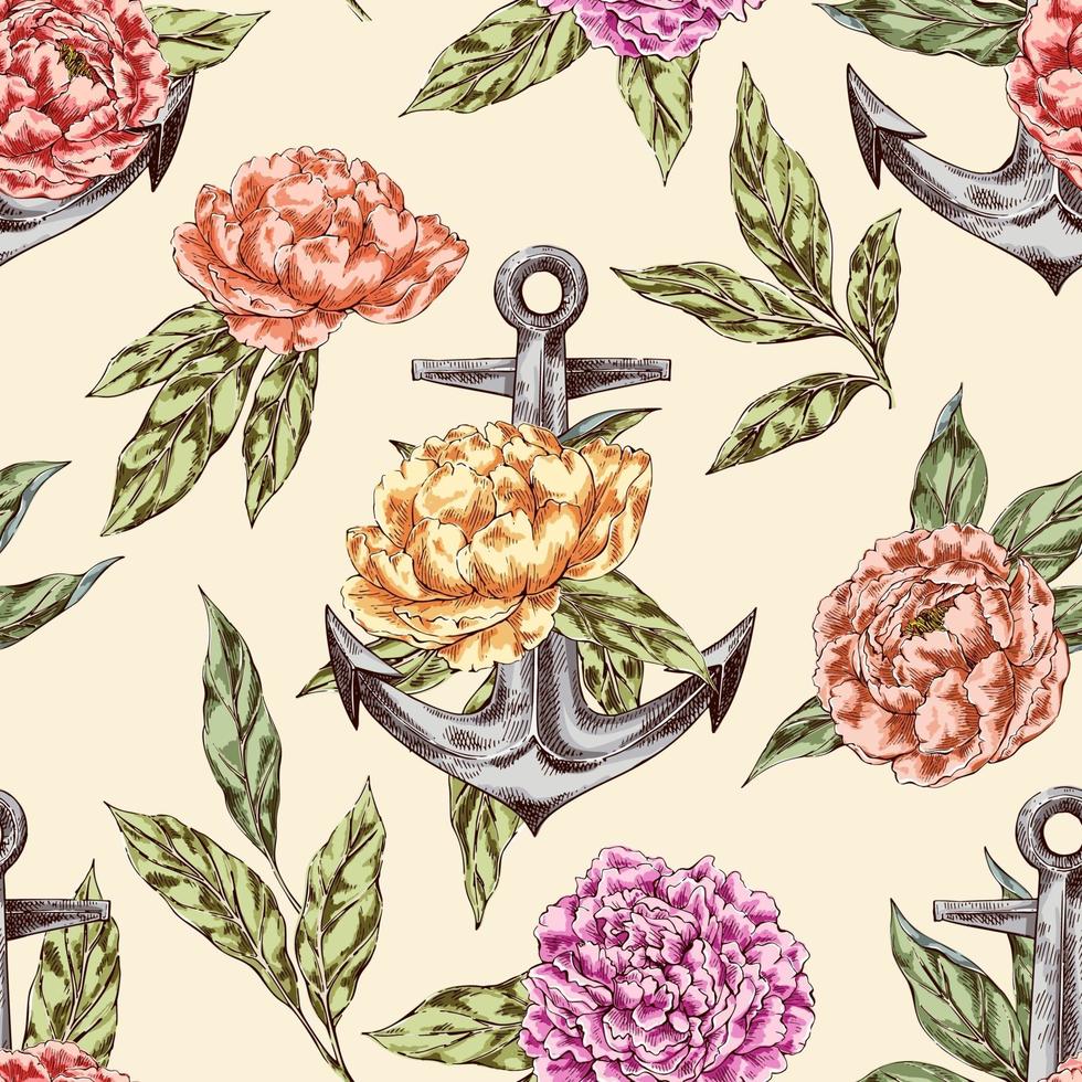 Vintage seamless pattern with anchor and peonies vector