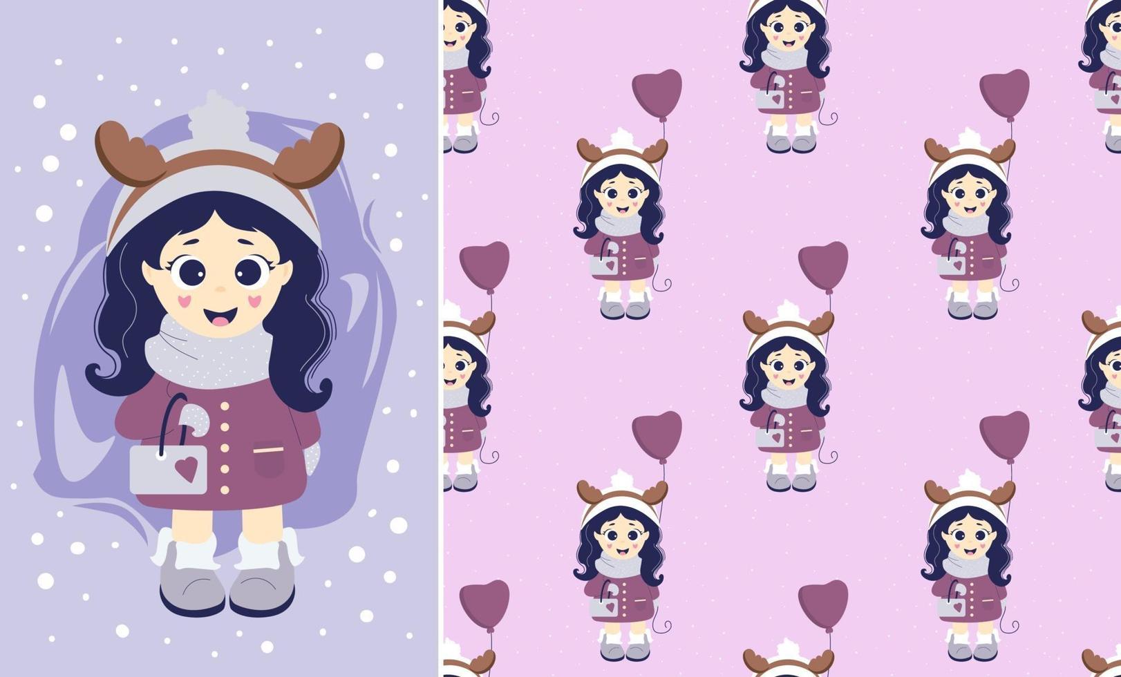 Kids winter. Seamless patterns and greeting card. A girl with deer horns on her head and with a balloon and handbag in winter clothes. Vector. For festive, Christmas design and greetings vector