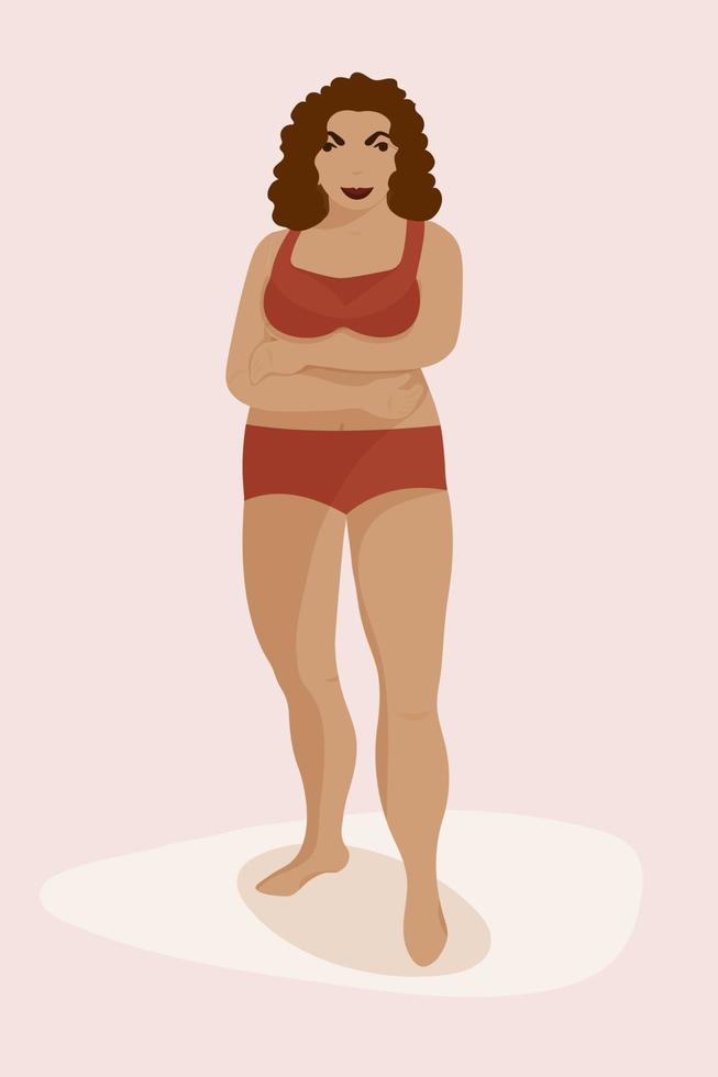 African Beauty Fashion Plus Size Woman Wearing Swimsuit. Body Positive Concept. vector