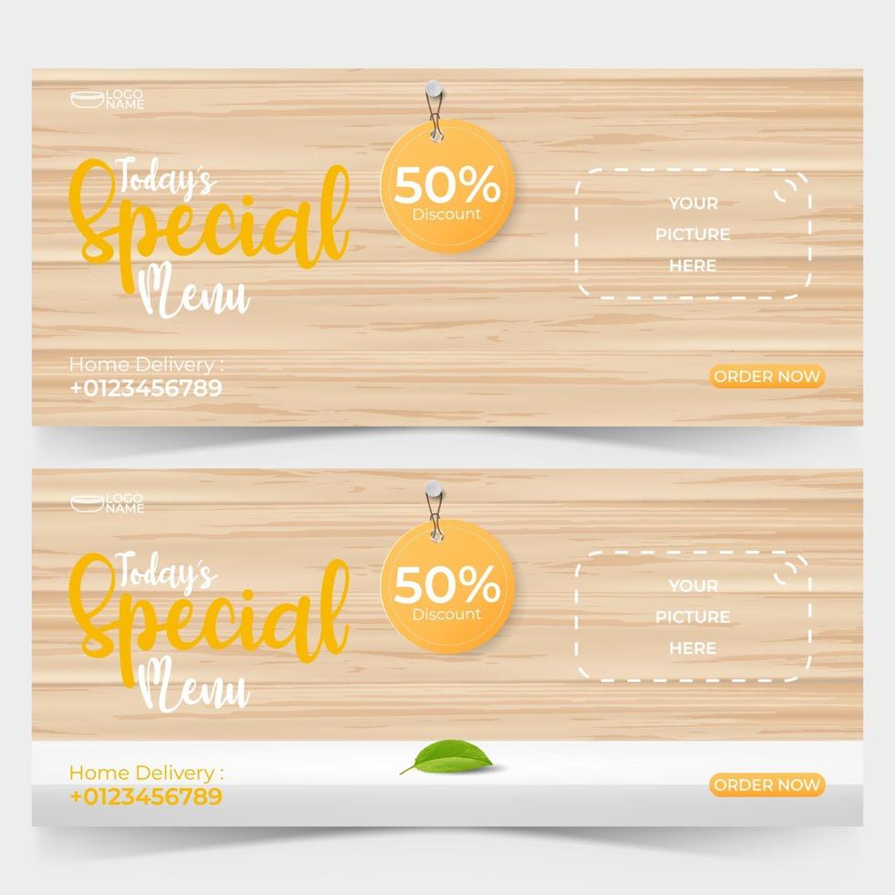 food ads banner template with wooden background, food or restaurant banner promotion concept. vector