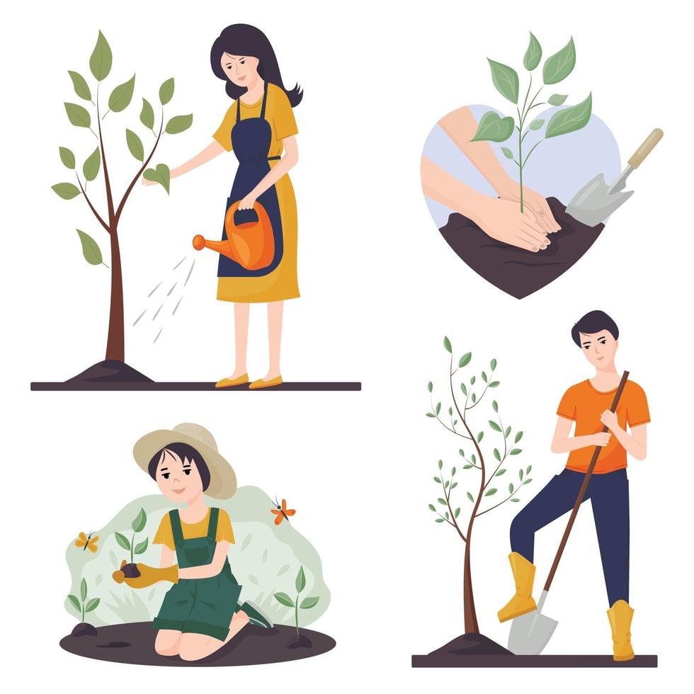 Vector set on the theme of gardening and farming. The concept of volunteering. A woman waters a tree, a guy plants a tree, a girl plants a flower. The hands that hold the sprout.