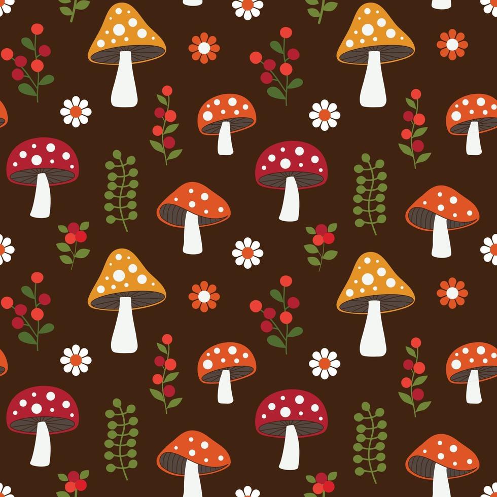 seamless woodland mushroom pattern with flowers and berries vector