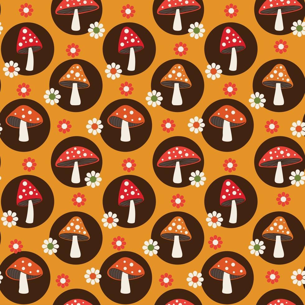 woodland mushroom and daisy seamless pattern on yellow background vector