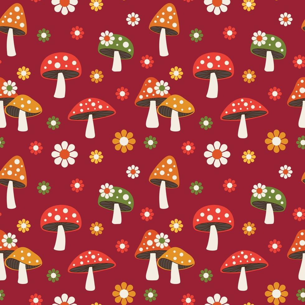 woodland mushroom and daisy seamless pattern on red background vector