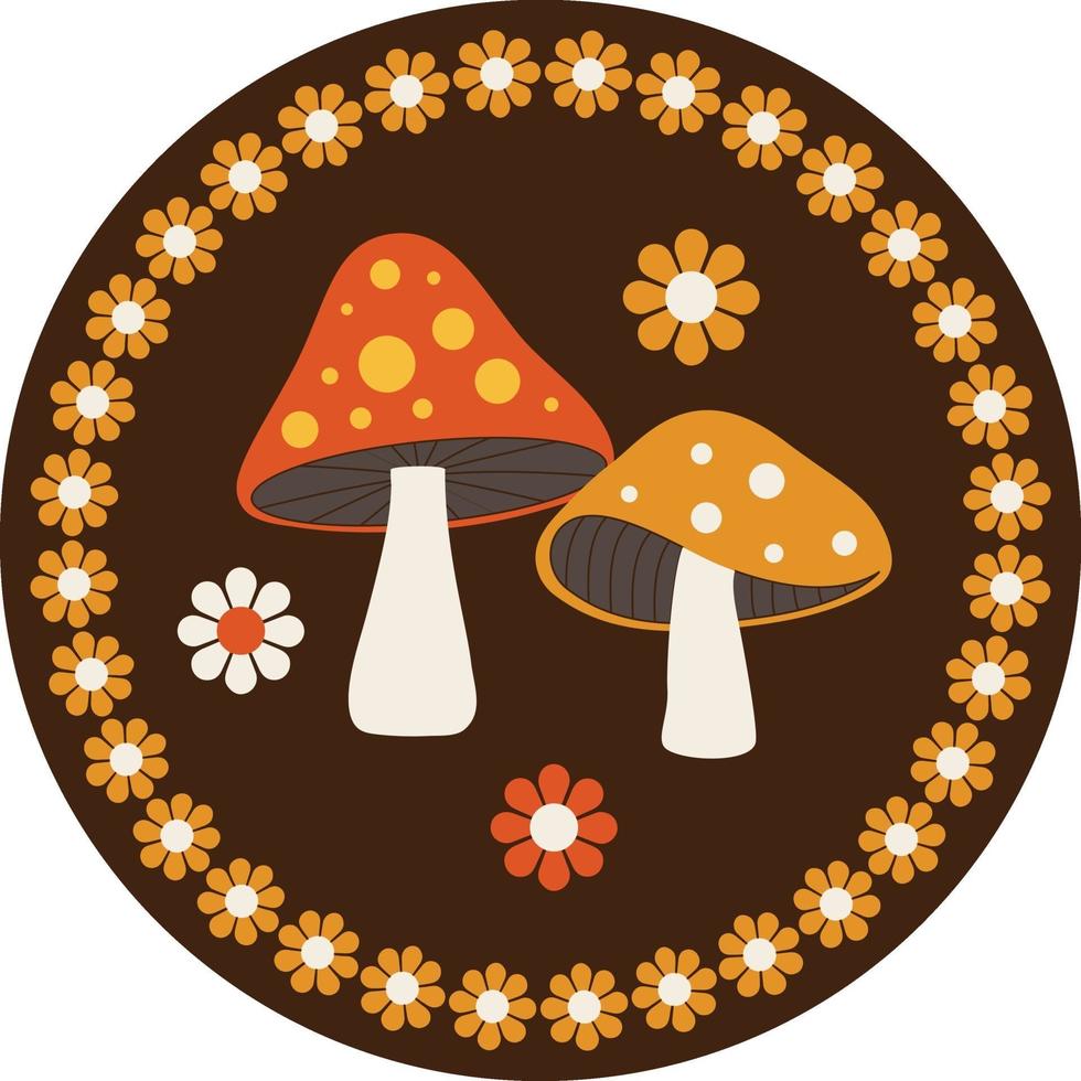 woodland mushrooms circular graphic with flowers and daisy border frame vector