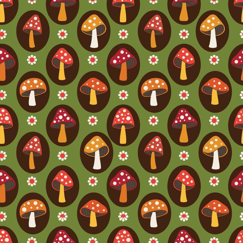 woodland mushroom and daisy seamless pattern on green background vector