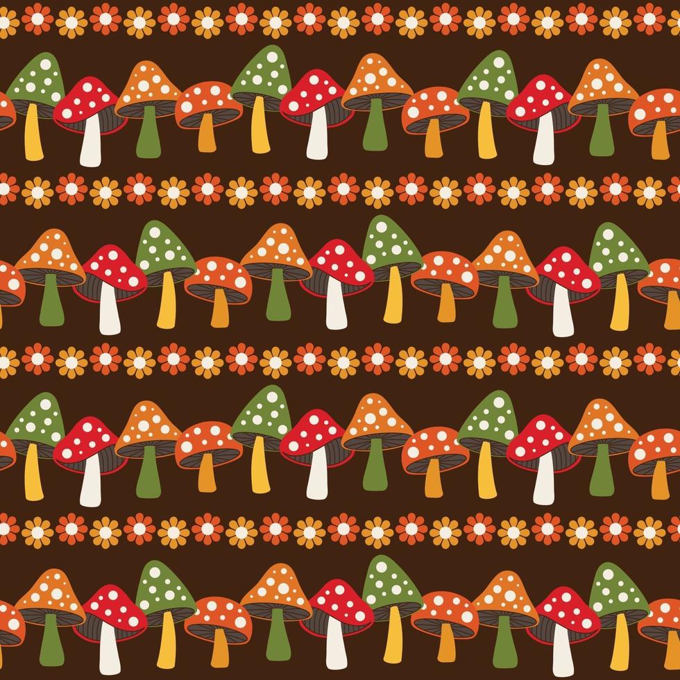 woodland mushroom and daisy seamless stripe pattern on brown background vector