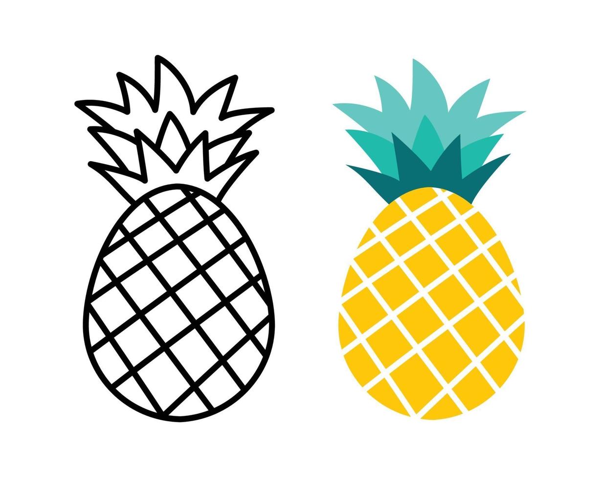 Pineapple fruit flat and outline design. Summer tropical fruits for healthy lifestyle. vector