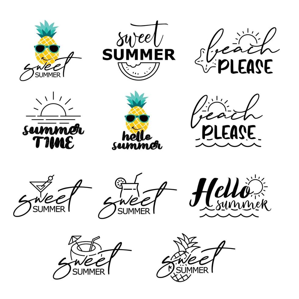 Summer labels set. Retro hand drawn elements for summer vintage style. vector