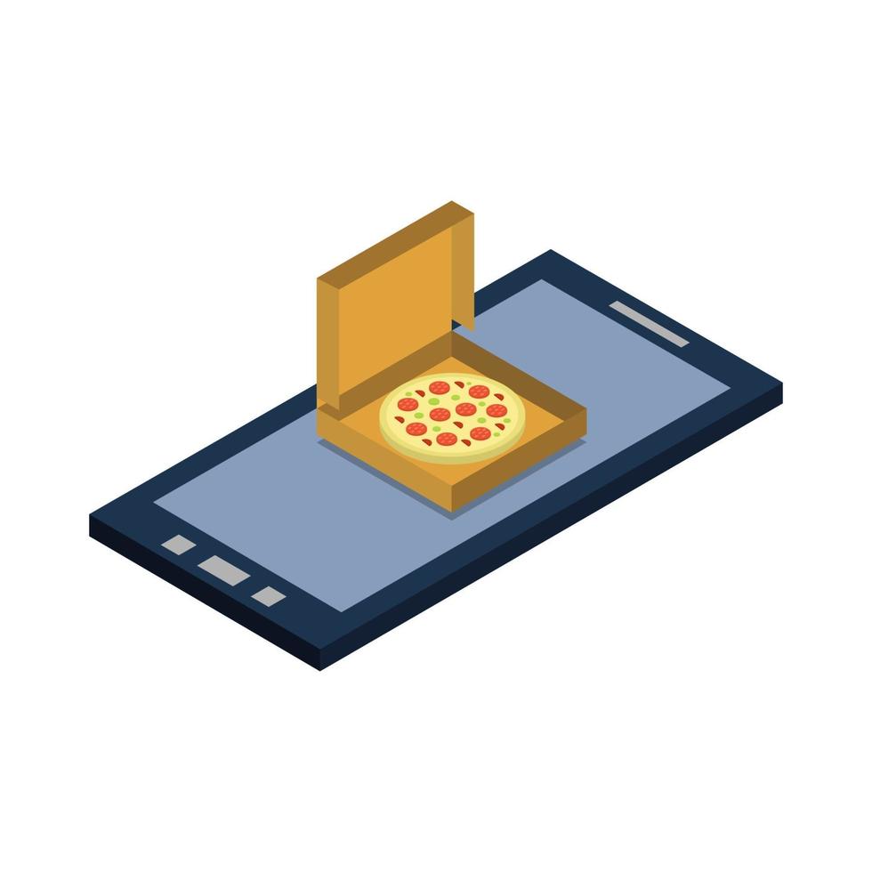 comprar pizza en línea isométrica vector