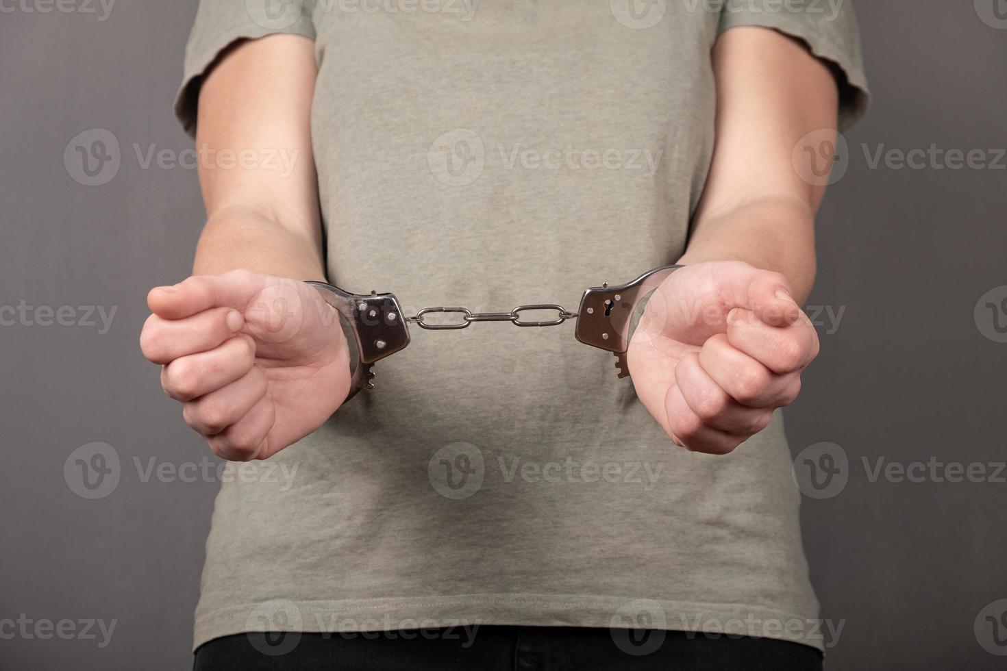 Woman chained in handcuffs, prison term concept. photo