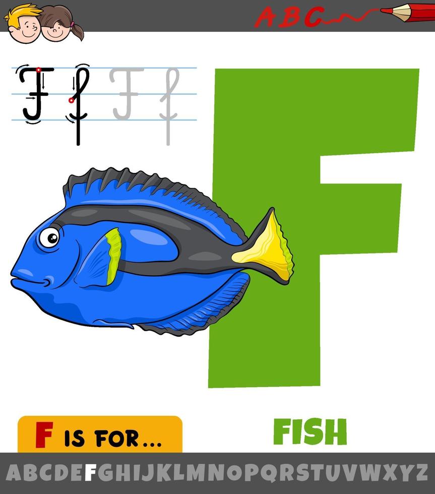 letter F from alphabet with cartoon fish animal character vector