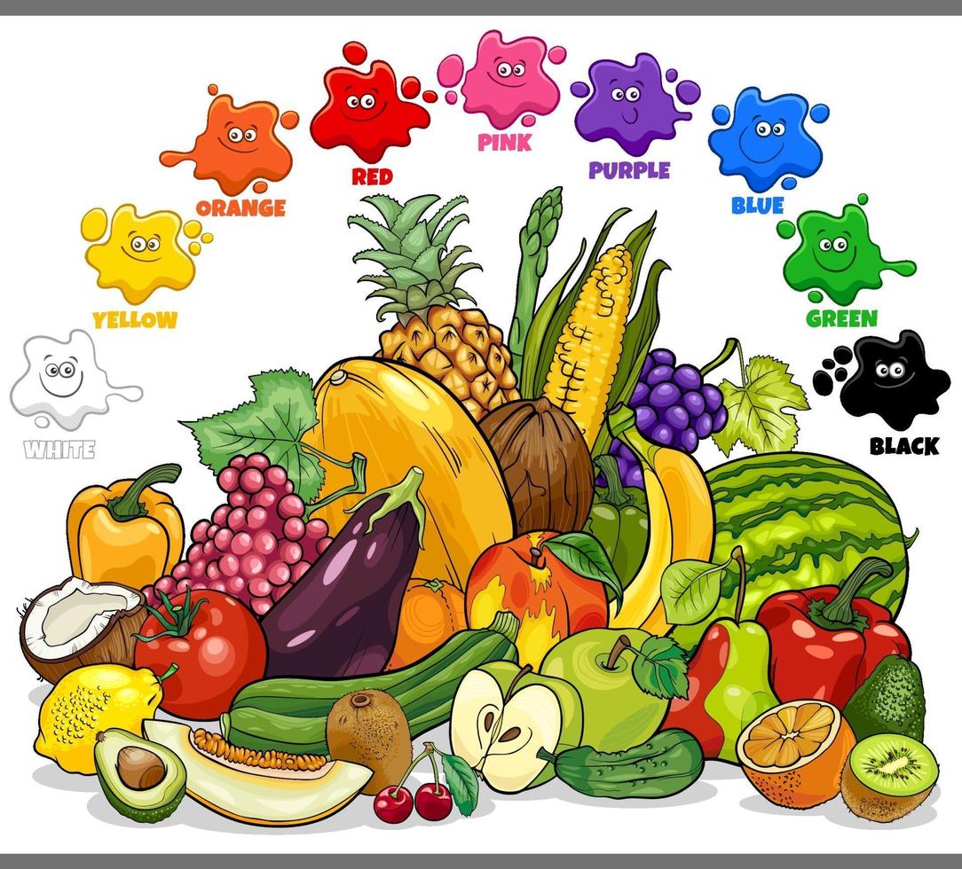 colores básicos para niños con grupo de frutas y verduras vector